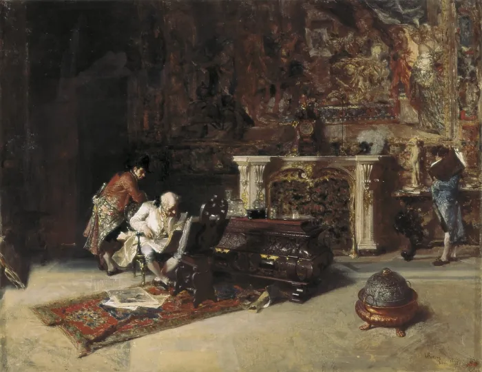 Framed Print : FORTUNY, Mariano (1838-1874). Engraving Collector. 1863. Work painted in Rome. Romanticism. Oil on canvas. SPAIN. Barcelona. National Art Museum of Catalonia. - P