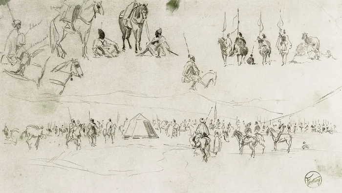 Framed Print : FORTUNYMariano (1838-1874). Landscape with Spanish military men and figures of Moors. 1859 - 1860. Sketches of the War of Africa. Romanticism. Drawing. SPAIN. Reus