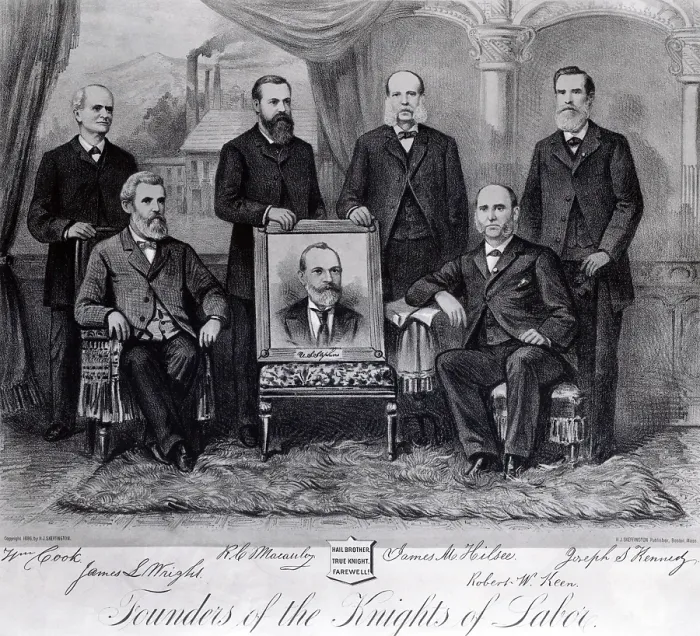 Framed Print : Founders of the Knights of Labor in 1886. Front Row: James S. Wright, portrait of Uriah S. Stevens, Robert W. Keen. Back row, L to R.: William Cook, R.C. Macaukey, James M