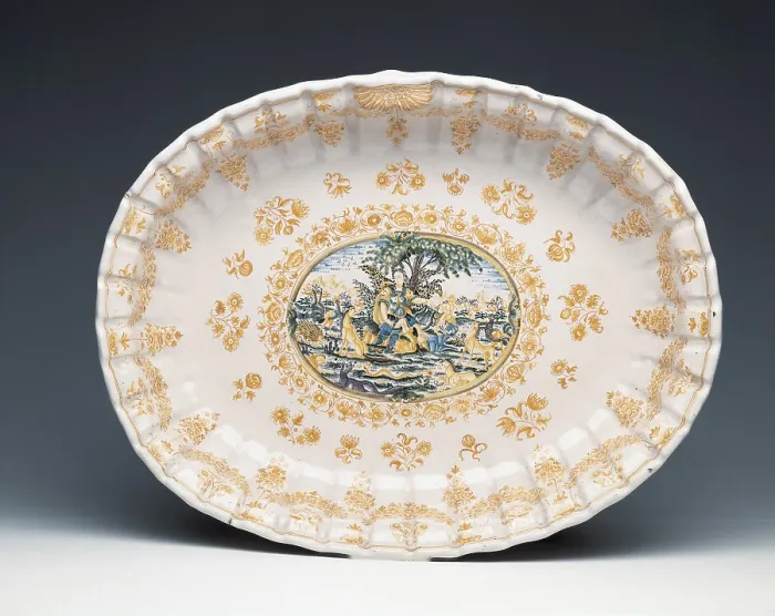 Framed Print : Fountain, Olerys series (1729). Decorated with a mythological scene. Orpheus calming the beasts with his lyre. Baroque art. Ceramics. SPAIN. Madrid