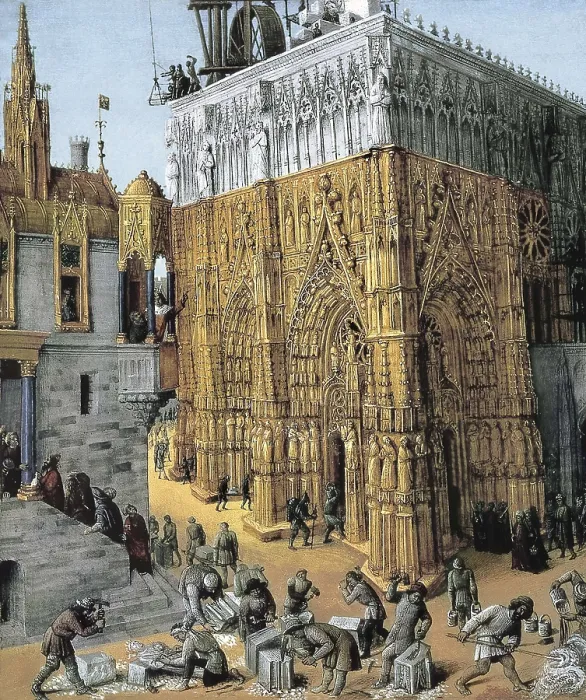 Framed Print : Fouquet, Jean (1420-1481). Fol. 163: The Building of the Temple of Jerusalem. Renaissance art. Miniature Painting. FRANCE. Paris. National Library