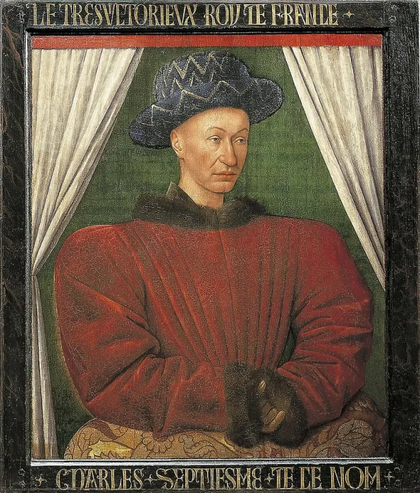 Framed Print : Fouquet, Jean (1420-1481). Portrait of Charles VII, King of France. ca. 1447. This is the first regal portrait of Fouquet that has survived. Oil on wood. FRANCE. Paris