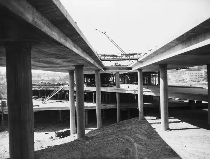 Framed Print : Four-level clover leaf Expressway intersection under construction near downtown Los Angeles in 1949. LC-USZ62-100496
