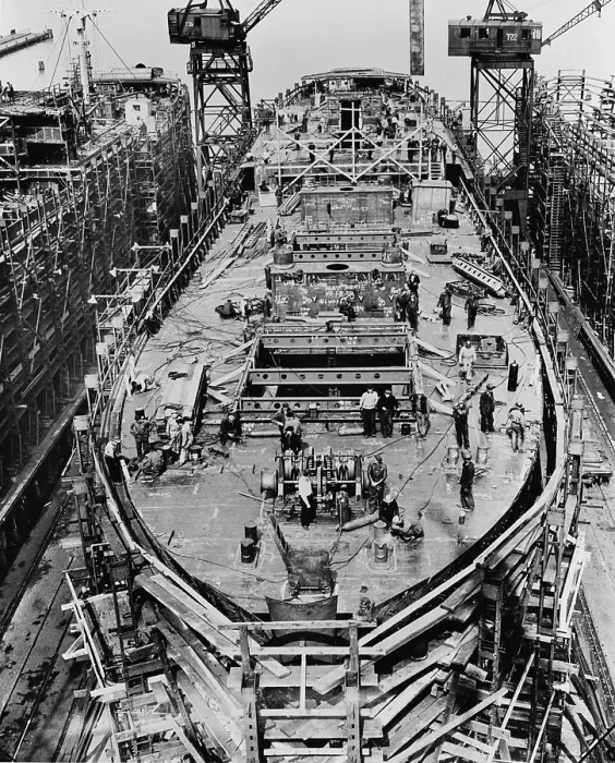 Framed Print : On the fourteenth day of the construction of a Liberty Ship. The upper deck mast houses and after-deck house are in place. Bethlehem Fairfield shipyards near Baltimore Maryland