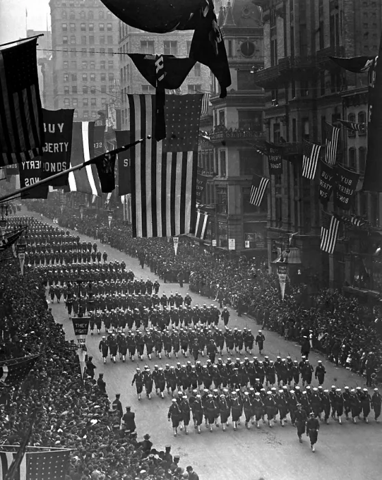 Framed Print : Fourth Liberty Loan Parade during World War I. Sailors from Pelham Bay Naval Training Station marching down Fifth Avenue in New York City. Ca. 1918