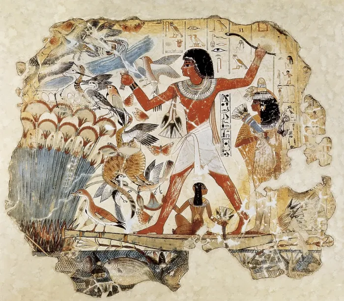 Framed Print : Fowling in the marshes. ca. 1400 BC. 18th Dynasty. Wall painting from the tomb of Nebamun where he appears with his wife Hatshepsut and son. Egyptian art. New Kingdom. Painting Framed Print : Fowling in the marshes. ca. 1400 BC. 18th Dynasty. Wall painting from the tomb of Nebamun where he appears with his wife Hatshepsut and son. Egyptian art. New Kingdom. Painting