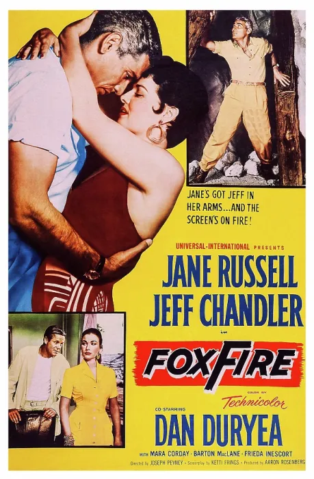 Framed Print : FOXFIRE, US poster art, top from left: Jane Russell, Jeff Chandler; bottom insert from left: Dan Duryea, Mara Corday, 1955