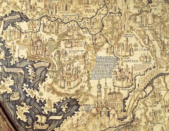 Framed Print : Fra Mauro ( -1460). Fra Mauro map. 1459. Detail with Asia and the Chinese Empire. The map is oriented with south at top. Miniature Painting. ITALY. Venice Framed Print : Fra Mauro ( -1460). Fra Mauro map. 1459. Detail with Asia and the Chinese Empire. The map is oriented with south at top. Miniature Painting. ITALY. Venice