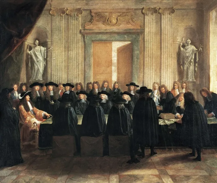 Framed Print : France (1672). Louis XIV chairing a government meeting in his capacity as Chancellor. Oil on canvas. FRANCE. Versailles. Palace of Versailles