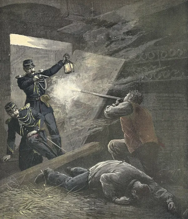 Framed Print : France (1892). Two military men are knocked down in a wine cellar. Engraving by H. Meyer from 'Le Petit Journal' Framed Print : France (1892). Two military men are knocked down in a wine cellar. Engraving by H. Meyer from 'Le Petit Journal'
