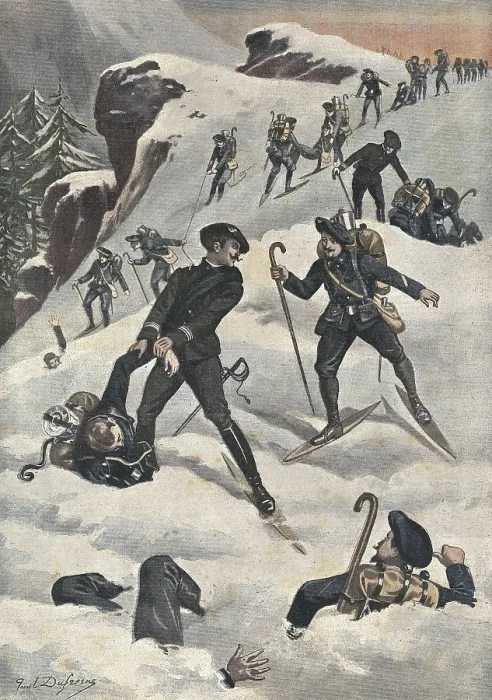 Framed Print : France (1901). Alpine soldiers saved by his fellows. Illustration of Paul Dufresne published in 'Le Petit Journal' (February 101901). Engraving