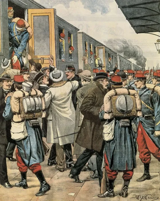 Framed Print : France (1901). Departure from Paris of French soldiers posted to Algiers. Picture by Achille Beltrame for 'La Domenica del Corriere'. Etching