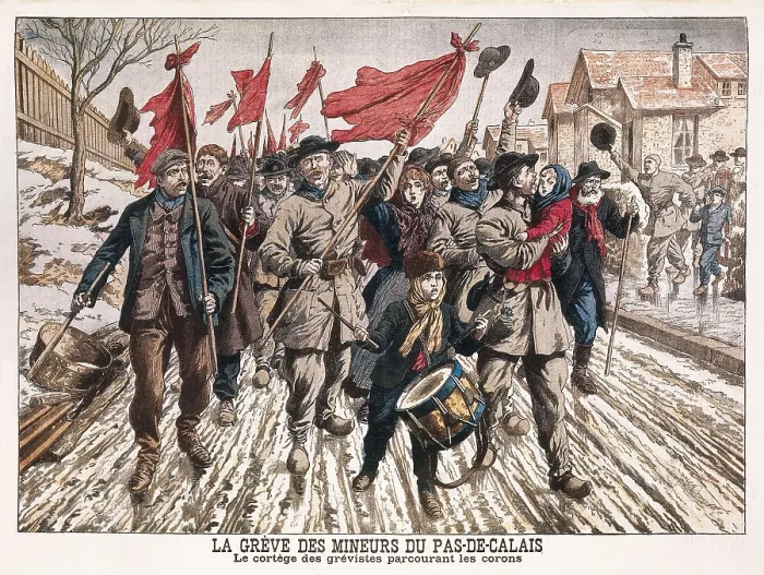 Framed Print : France (19th c.). Workers movement. Strike of miners in Pas-de-Calais. The strikers's demonstration on the streets of the city. Engraving. FRANCE. Paris