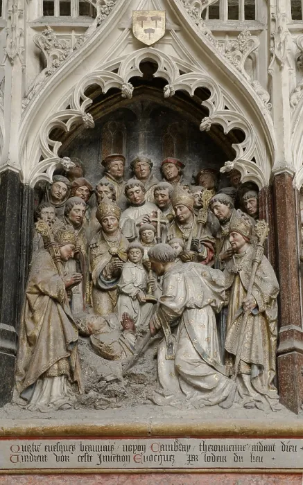 Framed Print : FRANCE. Amiens. Notre Dame cathedral. South wall of the choir. Series of bas-reliefs depicting the story of Saint Fermin. Gothic art. Relief