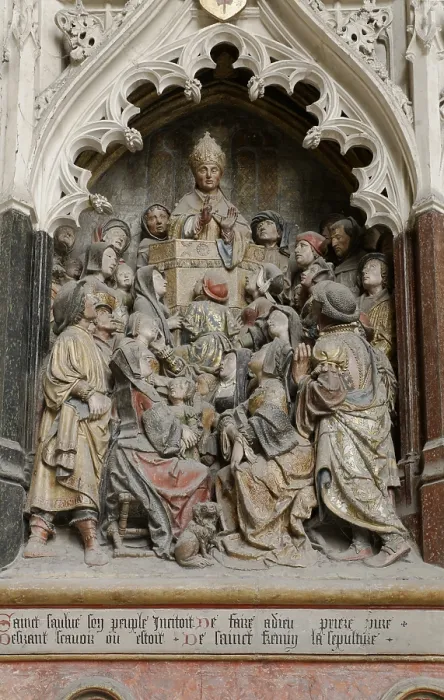 Framed Print : FRANCE. Amiens. Notre Dame cathedral. South wall of the choir. Series of bas-reliefs depicting the story of Saint Fermin. Gothic art. Relief