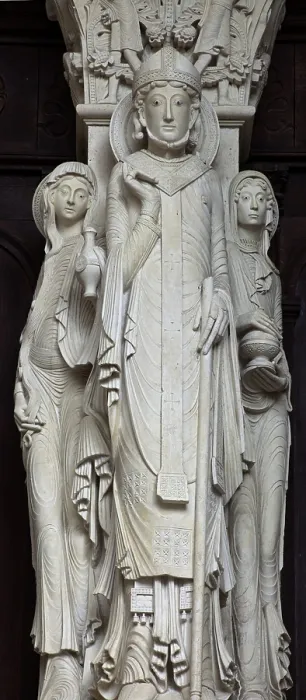 Framed Print : FRANCE. Autun. Cathedral of St. Lazare. Western facade. Detail of the mullion with a depiction of Saint Lazarus and his two sisters, 19th century. Gothic art. Sculpture