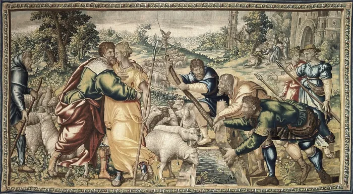 Framed Print : FRANCE. Beaune. Htel-Dieu. Encounter of Jacob and Raquel, his future wife. Tapestry belonging to the series 'History of Jacob'. Flemish art. Tapestry