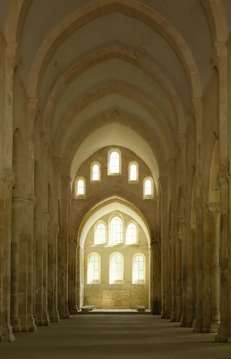 Framed Print : FRANCE. Bitis. Abbey of Fontenay. Cistercian monastery founded in 1119 by Bernardo de Claraval. Church from 1140-47. View of the main nave with barrel vaults. Romanesque art