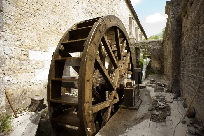 Framed Print : FRANCE. Bitis. Abbey of Fontenay. Cistercian monastery founded in 1119 by Bernardo de Claraval.Waterwheel next to the Forging Hall. Romanesque art. Architecture