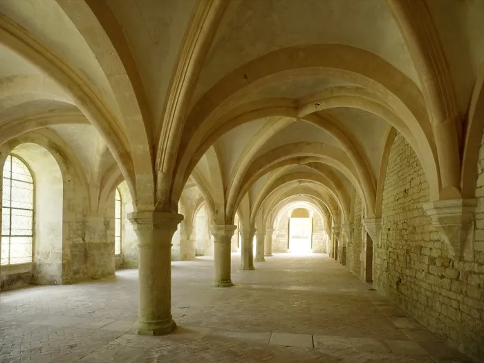 Framed Print : FRANCE. Bitis. Abbey of Fontenay. Cistercian monastery founded in 1119 by Bernardo de Claraval. Chapter house with a groin vault. Romanesque art. Architecture Framed Print : FRANCE. Bitis. Abbey of Fontenay. Cistercian monastery founded in 1119 by Bernardo de Claraval. Chapter house with a groin vault. Romanesque art. Architecture
