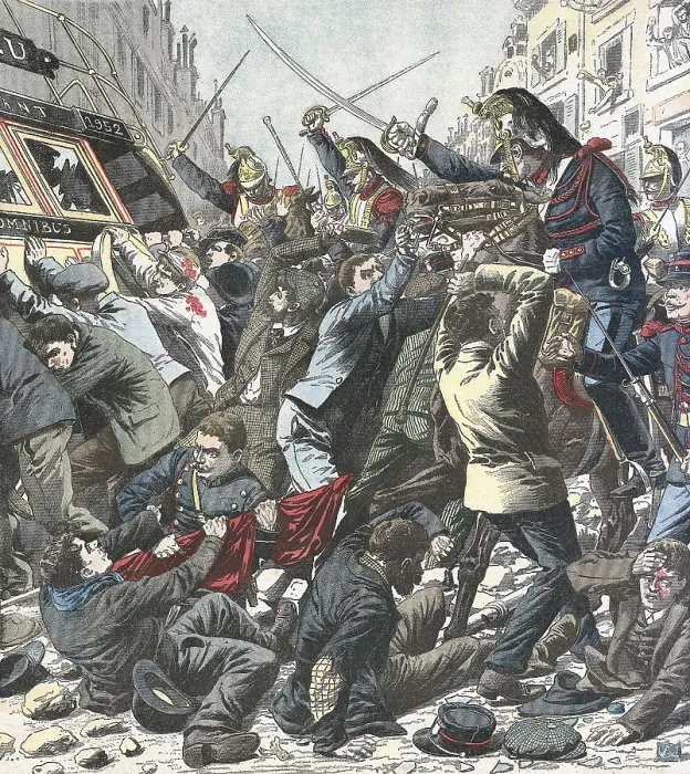 Framed Print : France. The cavalry charges against demonstrators in the 1st May 1906. 'Le Petit Journal'. May 131906. Engraving