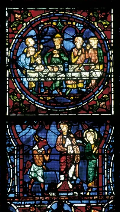 Framed Print : FRANCE. Chartres. Notre Dame cathedral. Stained glass window in the apse. 12th c. On the top, the Last Supper is pictured. Gothic art. Glass window