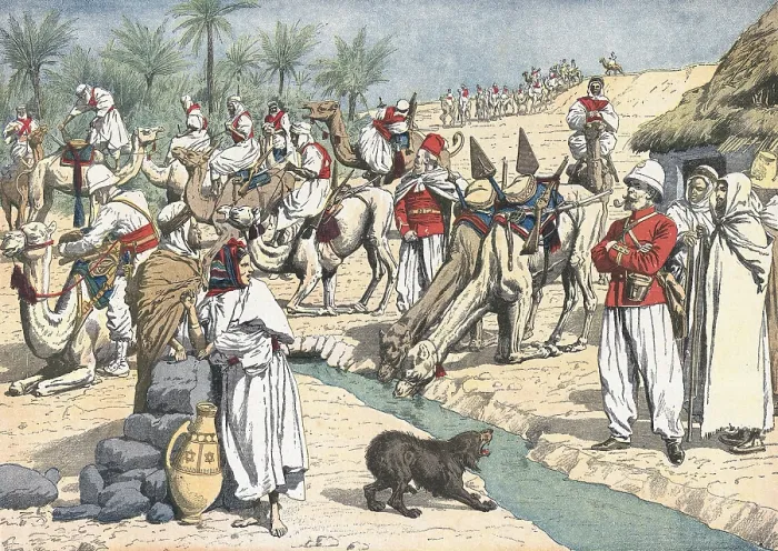 Framed Print : France. French troops in the Sahara. French Mharistes soldiers (camel cavalry) in an oasis. 'Le Petit Journal'. August 51906.. Engraving
