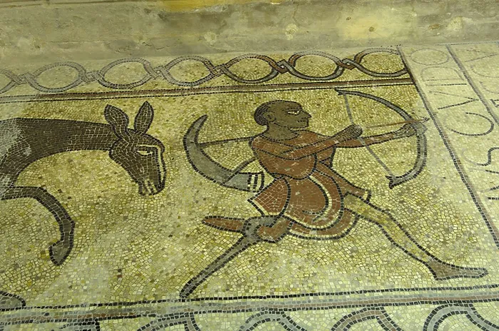 Framed Print : FRANCE. Lescar. Cathedral Notre-Dame de l'Assomption. Detail of the mosaic of the choir with hunting scene (12th c.). Romanesque art. Mosaic