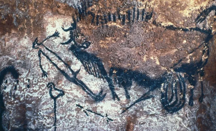 Framed Print : FRANCE. Montignac. The Cave of Lascaux. Fighting scene between men and bisons (c.17000-15000 BC). Upper Paleolithic. Magdalenian. Cave. - J