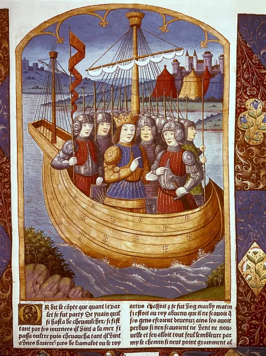 Framed Print : FRANCE. Paris. The king Arthur and his knight boarding towards Holy Land. Book by Antoine Verard, c. 1490. Gothic art. Miniature Painting. - J Framed Print : FRANCE. Paris. The king Arthur and his knight boarding towards Holy Land. Book by Antoine Verard, c. 1490. Gothic art. Miniature Painting. - J