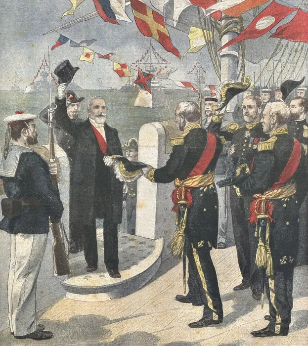 Framed Print : France. Third Republic (1901). The President of the Republic Emile Franois Loubet is received in Toulon. Illustration from 'Le Petit Journal' (April 211901).. Engraving Framed Print : France. Third Republic (1901). The President of the Republic Emile Franois Loubet is received in Toulon. Illustration from 'Le Petit Journal' (April 211901).. Engraving