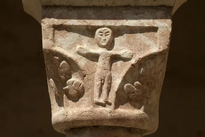 Framed Print : FRANCE. Saint Genis-des-Fontaines. Saint Genis Abbey. Monastery founded in 10th century. Cloister from 13th century. Detail of a decorated capital. Romanesque art. Relief on rock