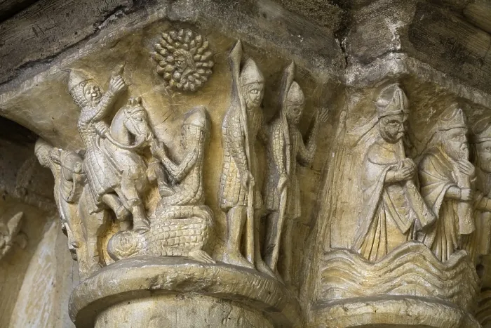 Framed Print : FRANCE. Saint-Martin-de-Boscherville. Saint-Georges de Boscherville Abbey. Detail of capitals of the arch pillars in the entrance area to the Chapter House