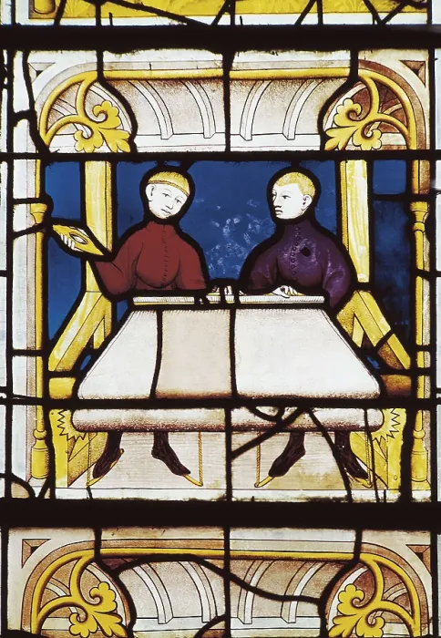 Framed Print : FRANCE. Semur-en-Auxois. Church of Notre-Dame. Two weavers in the making. Gothic art. Glass window. AISA / Everett Collection**US SALES ONLY**