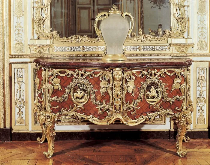 Framed Print : FRANCE. Versailles. Palace of Versailles. Console tablestyle Louis XV (18th c.) designed by A. Sandreaux. Rococo. Furniture. AISA / Everett Collection (84921)**US SALES ONLY**