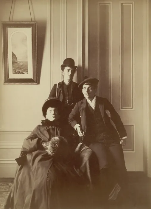 Framed Print : Frances Benjamin Johnston (1854-1951), self-portrait dressed as a man with false moustache, with other two women, one of whom is also dressed as a man. Ca. 1890 Framed Print : Frances Benjamin Johnston (1854-1951), self-portrait dressed as a man with false moustache, with other two women, one of whom is also dressed as a man. Ca. 1890