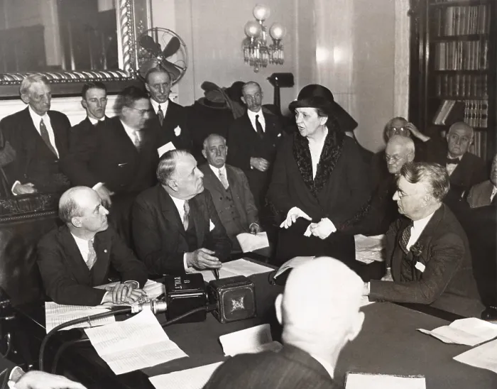 Framed Print : Frances Perkins, Sec. of Labor testifying before Joint Education and Labor Committee. March 23, 1933 Framed Print : Frances Perkins, Sec. of Labor testifying before Joint Education and Labor Committee. March 23, 1933