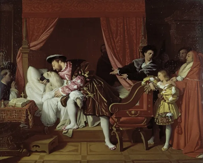 Framed Print : Francesco collects the last breath of Leonardo da Vinci (Franois Ier reoit les derniers soupirs de Lonard de Vinci), by Jean Auguste Dominique Ingres, 1818, 19th Century