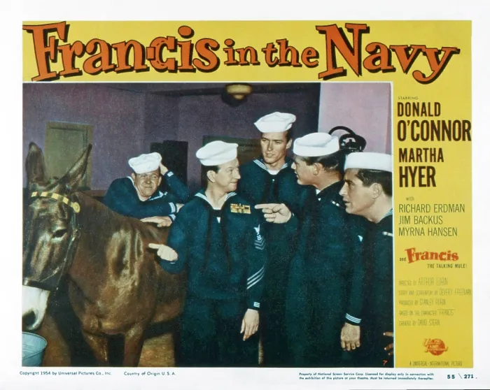Framed Print : FRANCIS IN THE NAVY, US lobbycard, from left: Francis the talking mule, Richard Erdman, Donald O'Connor, Clint Eastwood, Martin Milner, Phil Garris, 1955