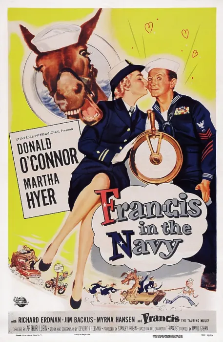 Framed Print : FRANCIS IN THE NAVY, US poster art, from left: Frances the Talking Mule, Martha Hyer, Donald O'Connor, 1955