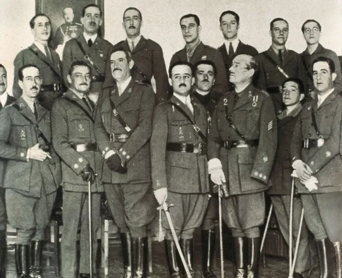 Framed Print : Francisco Franco (first line, fourth left side) and Jos Milln-Astray (at his right) during the ceremony giving the Legion's sabre of honour