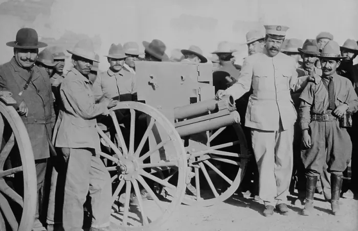 Framed Print : Francisco Villa stands with officiers and artillery during the Mexican Revolution, c. 1910-1914 Framed Print : Francisco Villa stands with officiers and artillery during the Mexican Revolution, c. 1910-1914