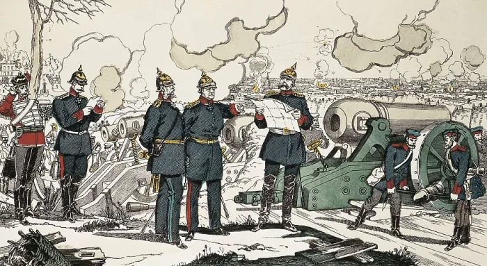 Framed Print : Franco-Prussian War (1870-1871). Siege and bombardment of Pars by the Prussian army. From left to right, Prussian king William I, general Moltke and chancellor Bismarck. Etching Framed Print : Franco-Prussian War (1870-1871). Siege and bombardment of Pars by the Prussian army. From left to right, Prussian king William I, general Moltke and chancellor Bismarck. Etching