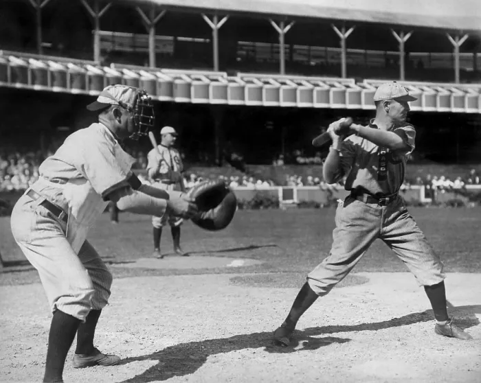 Framed Print : Frank Chance of Chicago Cub batting, with catcher and team mate, Pat Moran, behind him, 1909 (BSLOC_2018_3_129) Framed Print : Frank Chance of Chicago Cub batting, with catcher and team mate, Pat Moran, behind him, 1909 (BSLOC_2018_3_129)