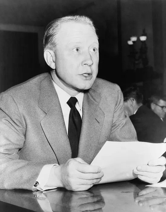 Framed Print : Frank Stanton (1908-2006), President of CBS, speaking at a meeting of radio and television news directing in New York. October 16, 1959