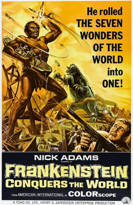 Framed Print : FRANKENSTEIN CONQUERS THE WORLD, (aka FURANKENSHUTAIN TAI CHITEI KAIJU BARAGON), from left: Koji Furuhata (as the giant Frankenstein monster), Haruo Nakajima (green monster)