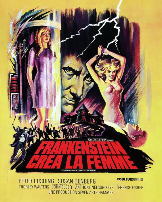Framed Print : FRANKENSTEIN CREATED WOMAN, (aka FRANKENSTEIN CREA LA FEMME), center: Peter Cushing, right: Susan Denberg on French poster art, 1967, TM and Copyright 20th Century Fox Film Corp