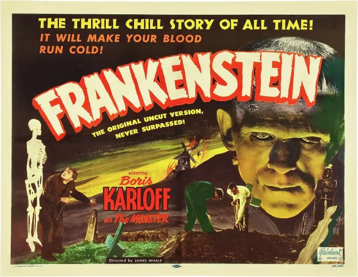 Framed Print : FRANKENSTEIN, l-r: Dwight Frye, Dwight Frye, Colin Clive, Boris Karloff on 1951 re-release title card, 1931