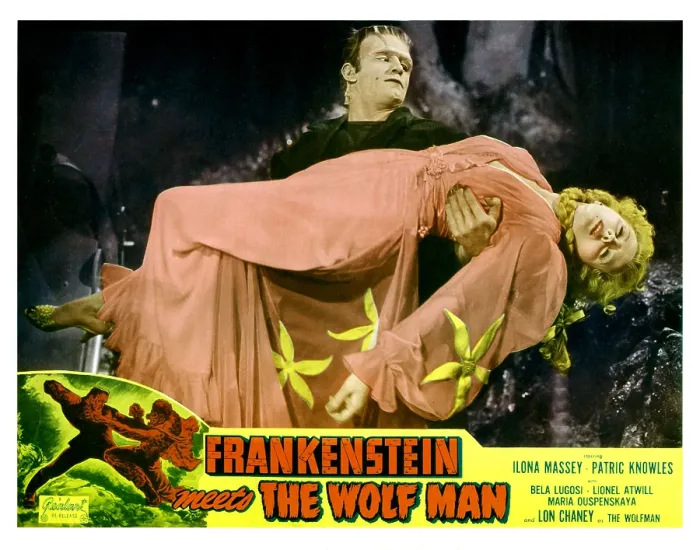 Framed Print : FRANKENSTEIN MEETS THE WOLF MAN, main image: Gil Perkins (Bela Lugosi's stunt double) as Frankenstein carrying Ilona Massey on a 1949 rerelease lobby card, 1943 Framed Print : FRANKENSTEIN MEETS THE WOLF MAN, main image: Gil Perkins (Bela Lugosi's stunt double) as Frankenstein carrying Ilona Massey on a 1949 rerelease lobby card, 1943