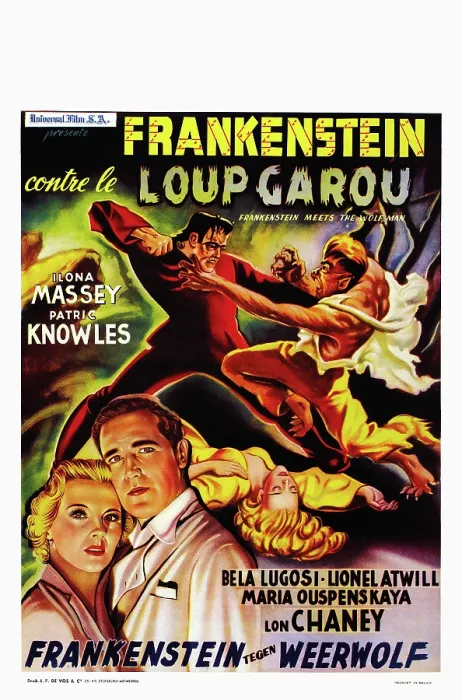 Framed Print : FRANKENSTEIN MEETS THE WOLF MAN, (aka FRANKENSTEIN CONTRE LE LOUP GAROU), Belgian poster, bottom from left: Ilona Massey, Patric Knowles, 1943